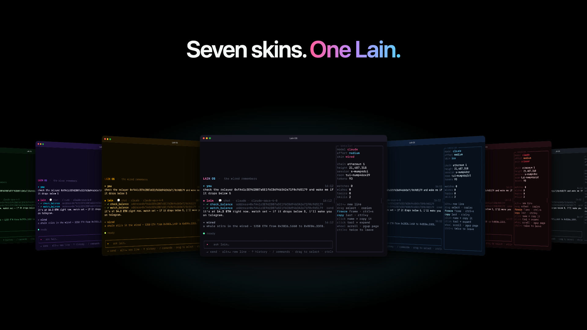 Seven Lain OS terminal windows in the wired, matrix, synthwave, amber, ice, crimson and mono skins